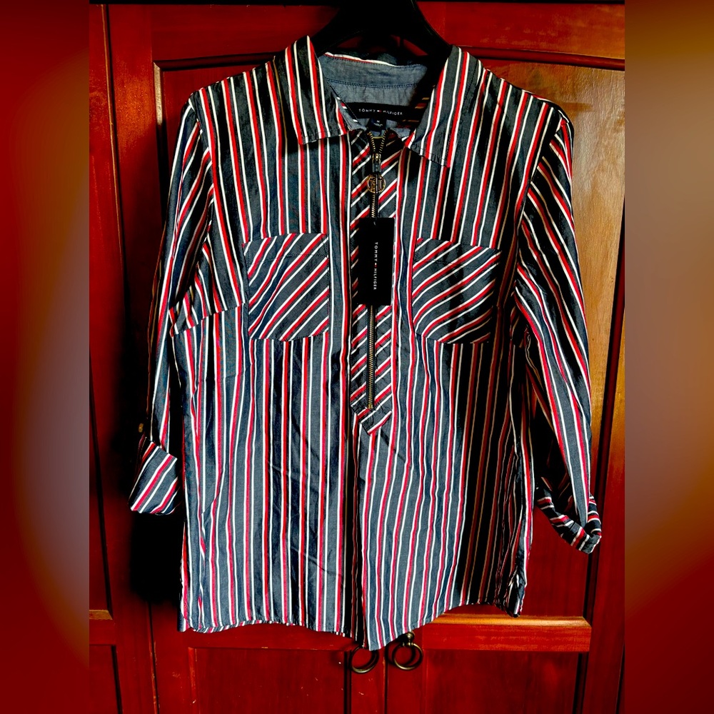 Vintage Tommy Hilfiger Red and White Striped Zip-Up Shirt